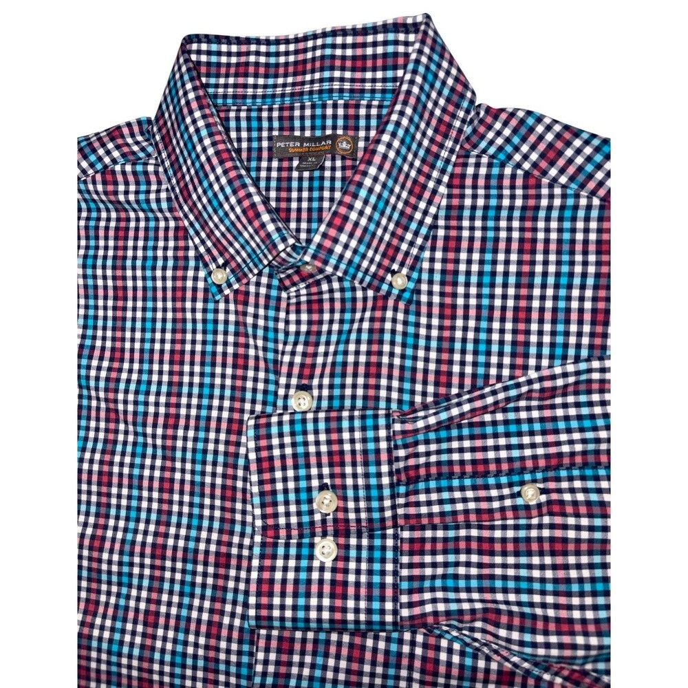 Peter Millar Summer Comfort Button Down Mens XL Performance Plaid Blue Red White